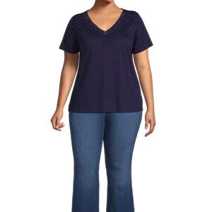 RealSize Women's Plus Lace V-Neck Tee with Short Sleeves